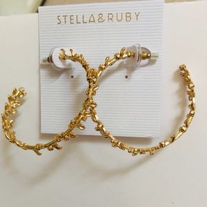 Stella & Ruby Gold Plated Hoop Earrings Trailing Leaf Crystal Accent